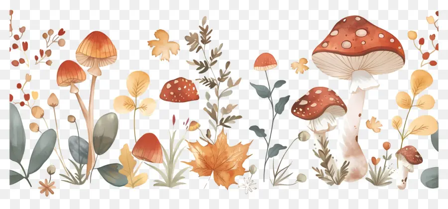 Frontière D'automne，Champignons Et Feuilles PNG