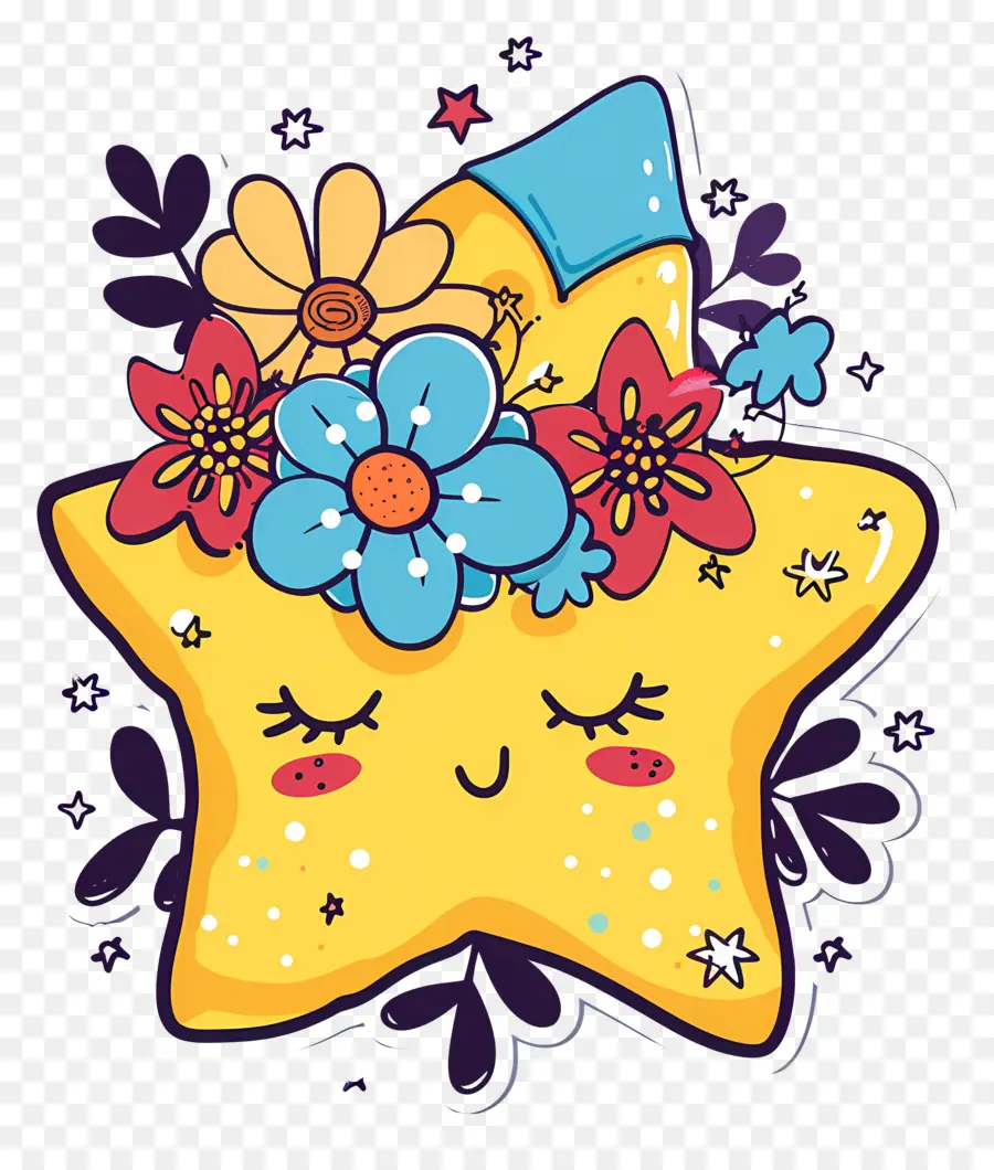 Étoile Kawaii，Étoile Jaune Avec Des Fleurs PNG