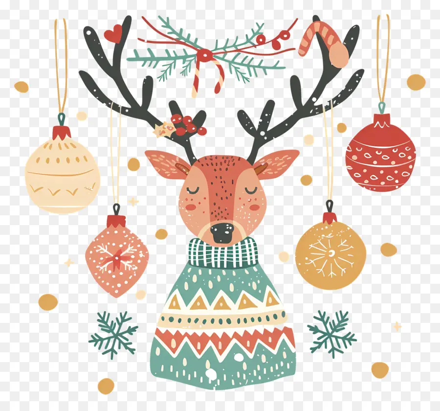 Cerf De Noël，Renne Avec Des Boules PNG