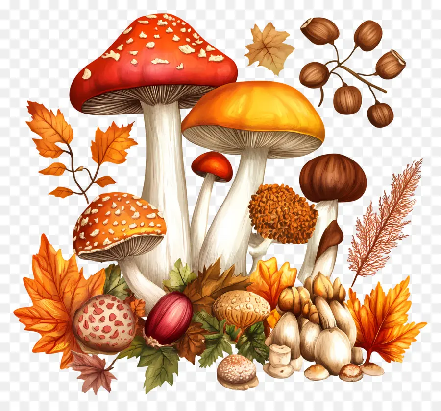 Nature D'automne，Champignons Et Feuilles PNG