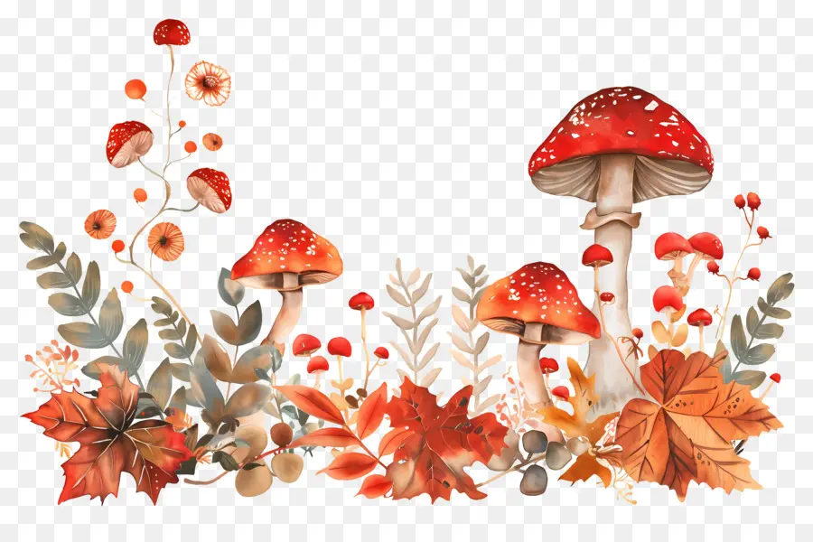 Frontière D'automne，Champignons Et Feuilles PNG