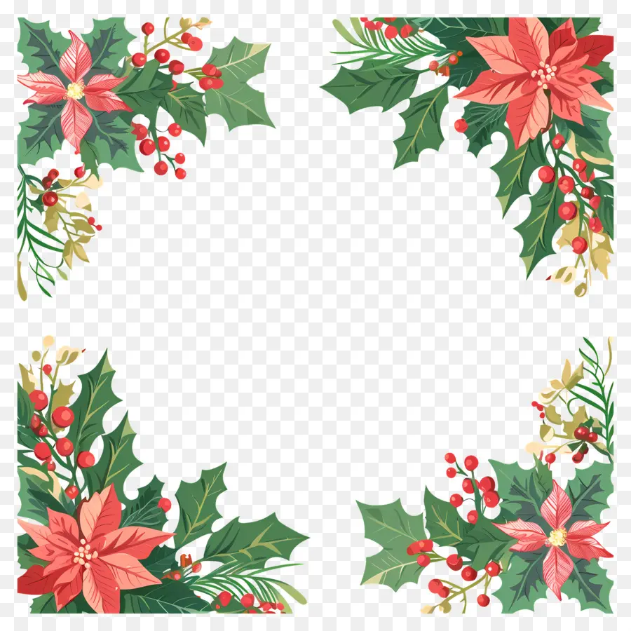 Cadre De Noël，Poinsettia Et Houx PNG