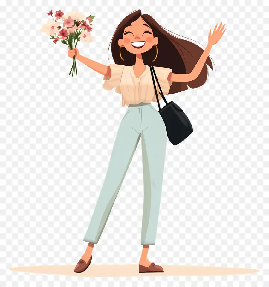 Fille Heureuse，Femme Avec Des Fleurs PNG