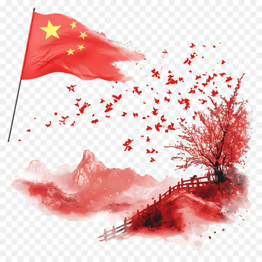 Fête Nationale Chinoise，Paysage Chinois Avec Drapeau PNG