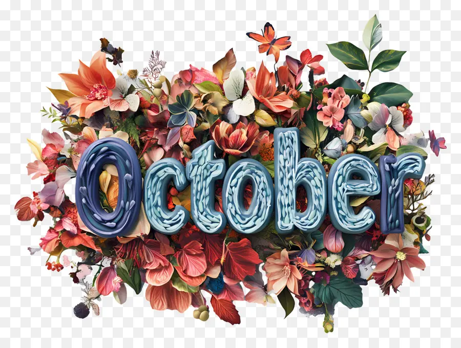 Octobre，Octobre Avec Des Fleurs PNG