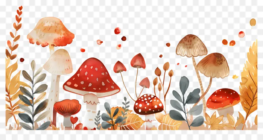 Frontière D'automne，Champignons Et Feuilles PNG