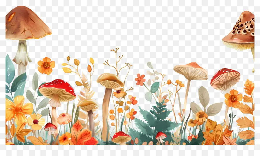 Frontière D'automne，Champignons Et Feuilles PNG