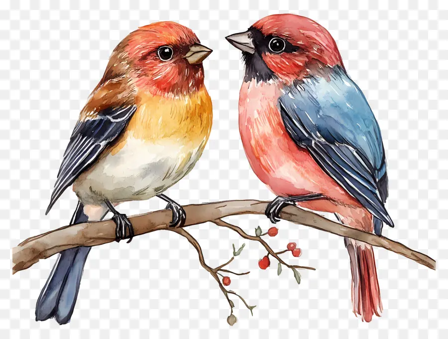 Oiseaux De Mariage，Oiseaux Aquarelles Sur Branche PNG