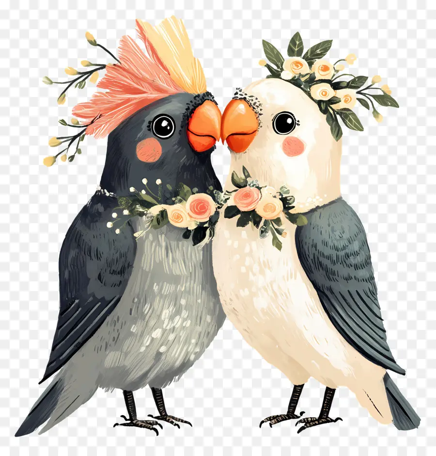 Oiseaux De Mariage，Perroquets Avec Des Fleurs PNG