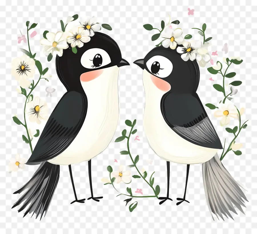 Oiseaux De Mariage，Oiseaux De Dessin Animé Avec Des Fleurs PNG