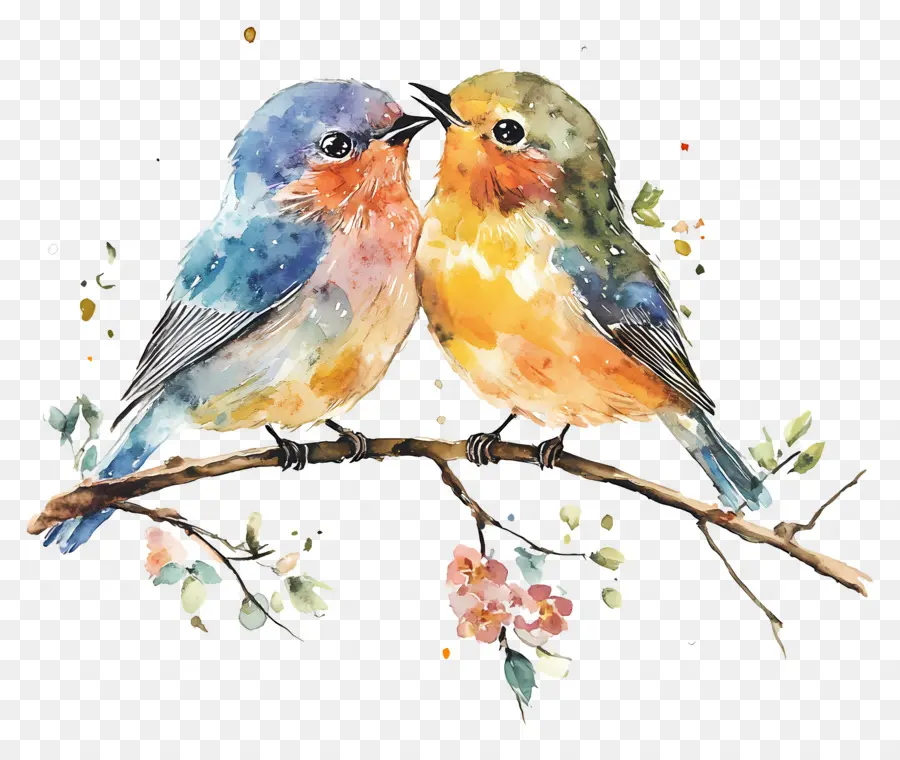 Oiseaux De Mariage，Oiseaux Aquarelles Sur Branche PNG