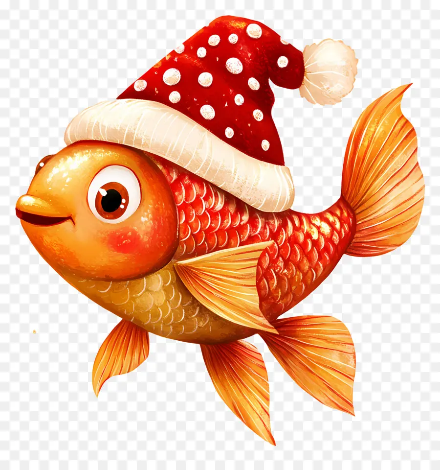 Poisson De Noël，Poisson Rouge Avec Chapeau De Père Noël PNG