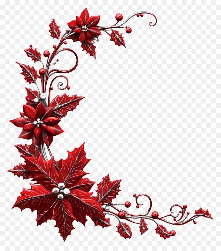 Cadre De Noël Rouge，Design De Coin Floral Rouge PNG