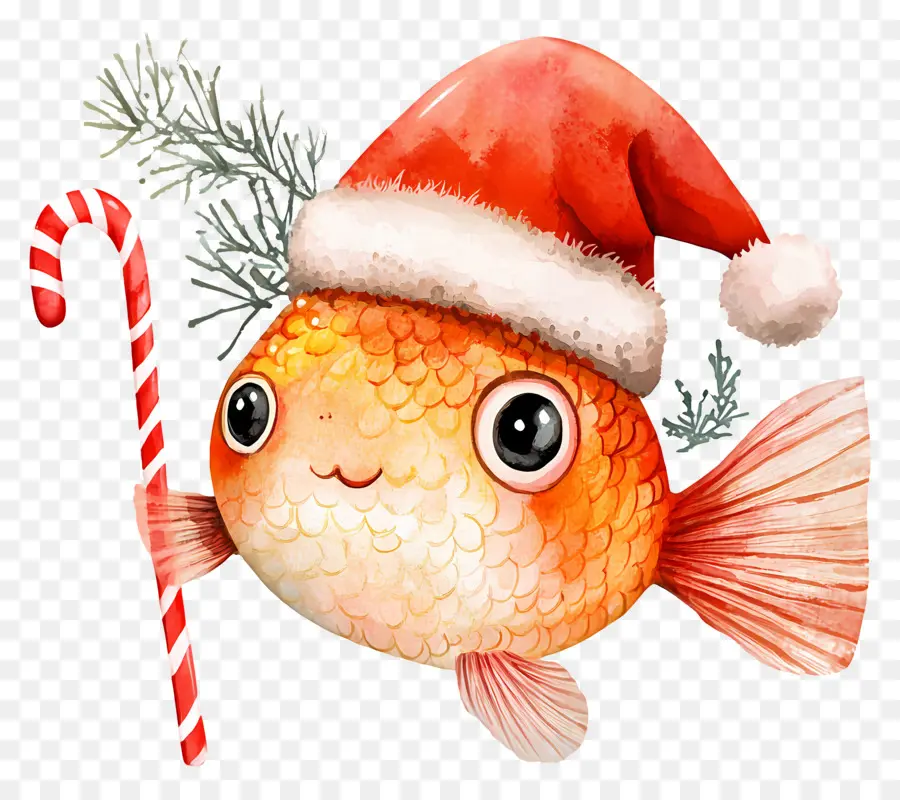 Poisson De Noël，Poisson Rouge Avec Chapeau De Père Noël PNG