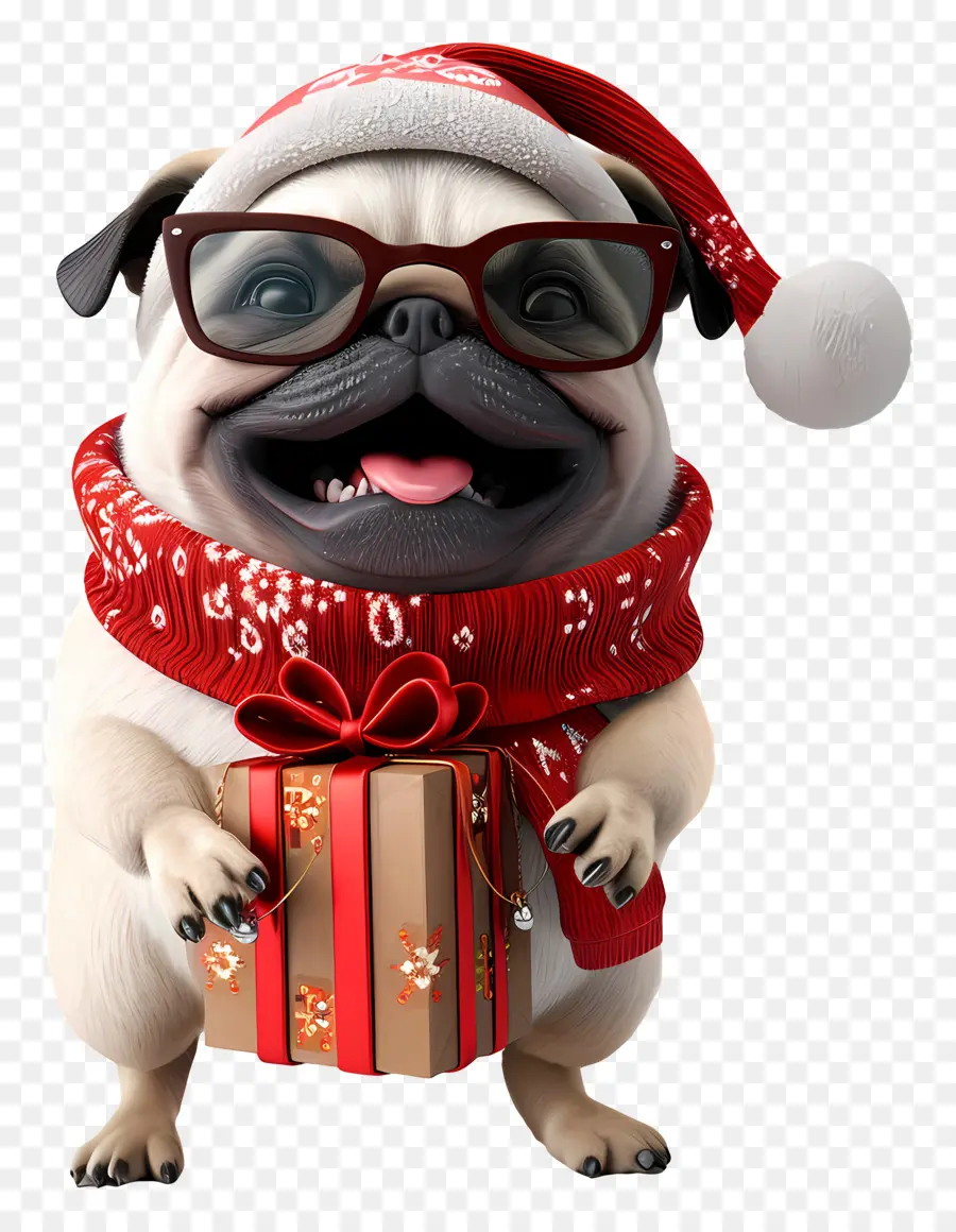 Chien 3d，Carlin Avec Chapeau De Père Noël PNG