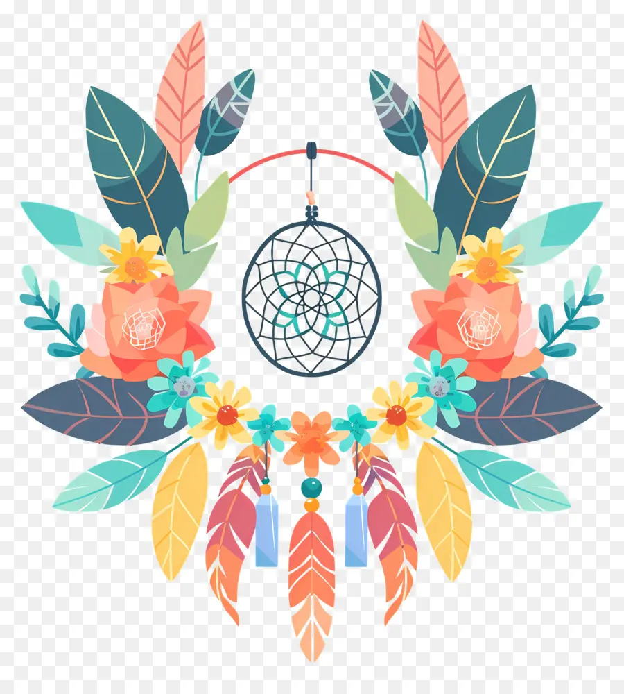 Cadre Bohème，Dreamcatcher Coloré Avec Des Fleurs PNG