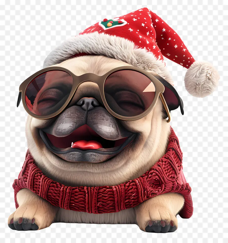 Chien 3d，Carlin Avec Chapeau De Père Noël PNG