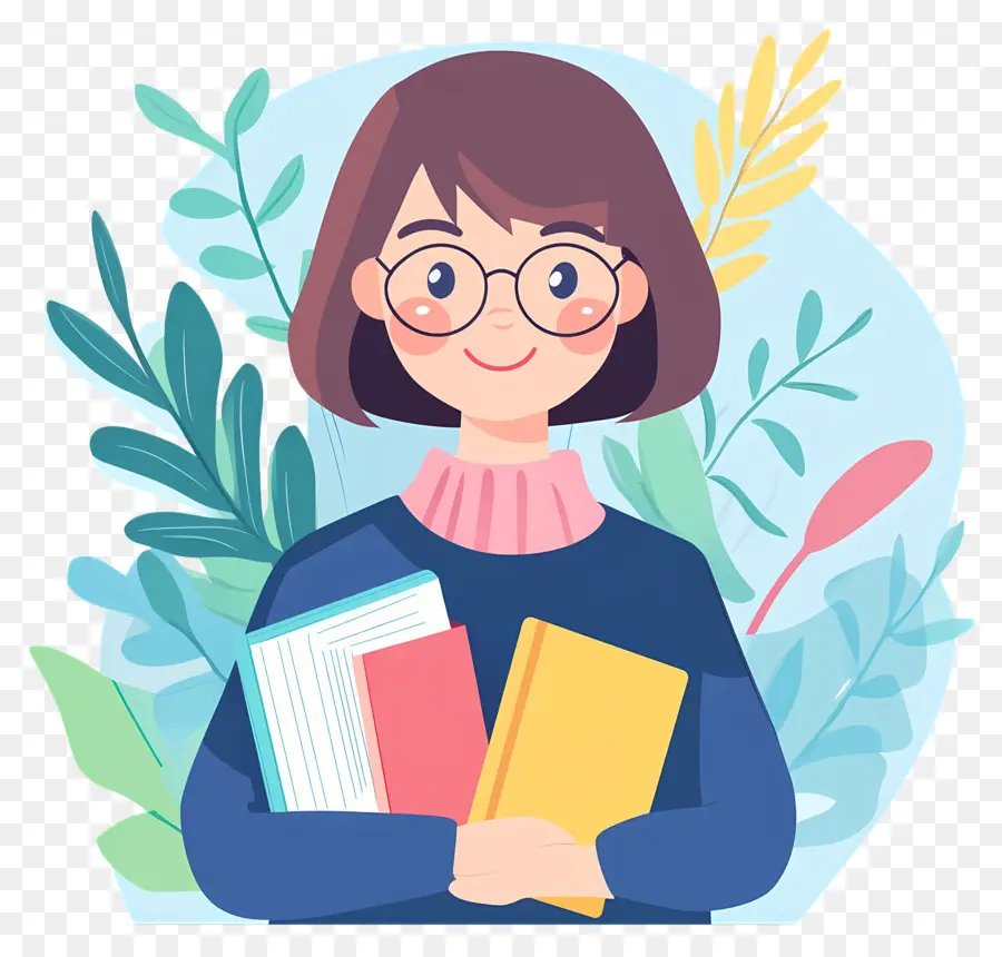 Professeur De Dessin Animé，Fille Avec Des Livres PNG