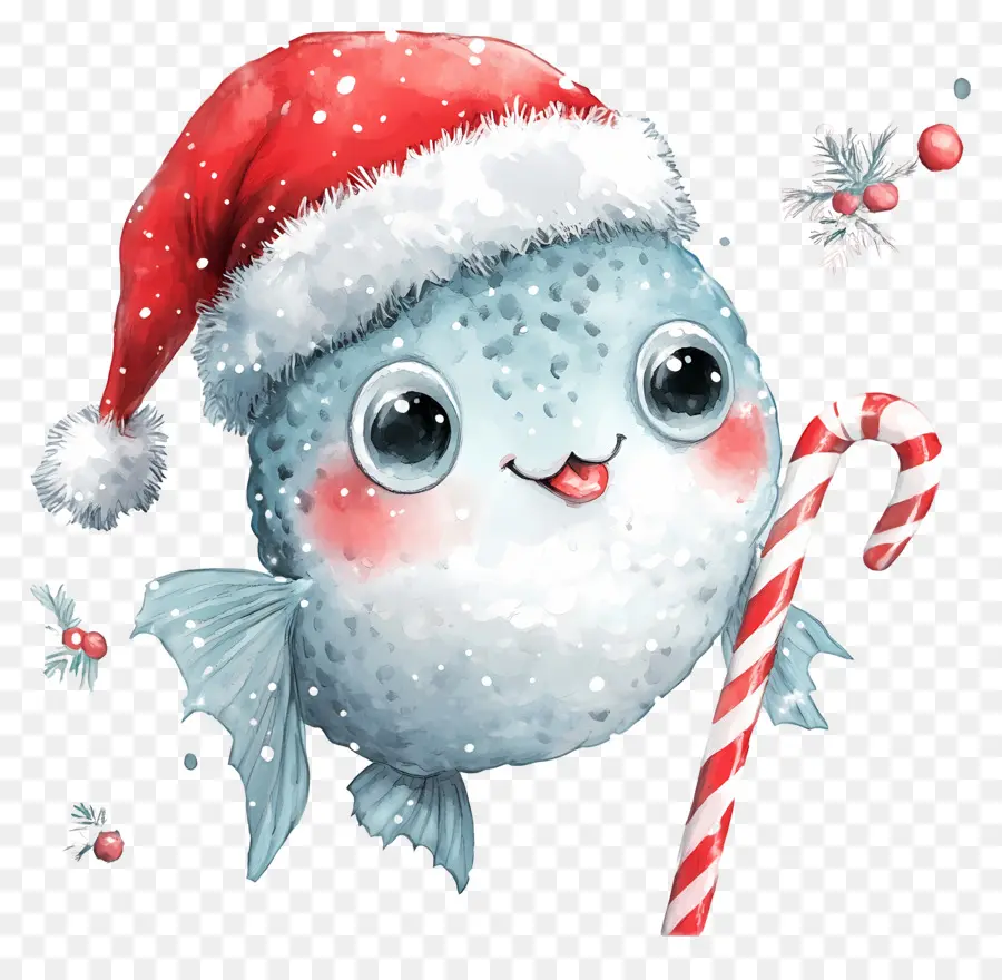 Poisson De Noël，Poisson Bleu Avec Bonnet De Noel Et Canne En Bonbon PNG