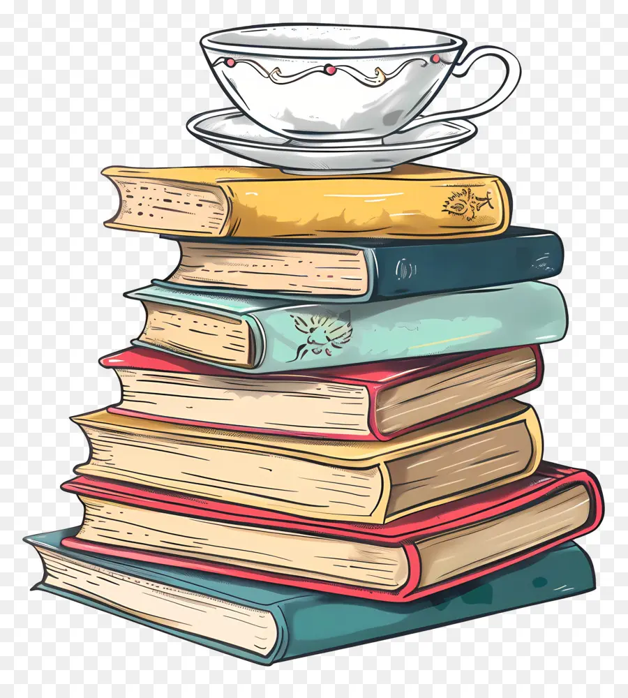 Livres Dessin，Pile De Livres Avec Tasse PNG