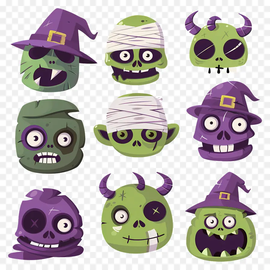 Personnages D'halloween，Visages De Monstres Verts PNG