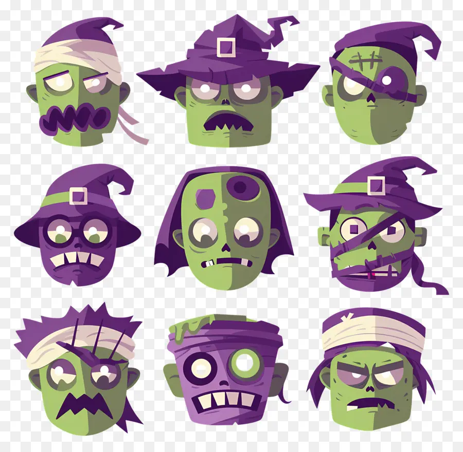 Personnages D'halloween，Visages De Monstres Verts PNG