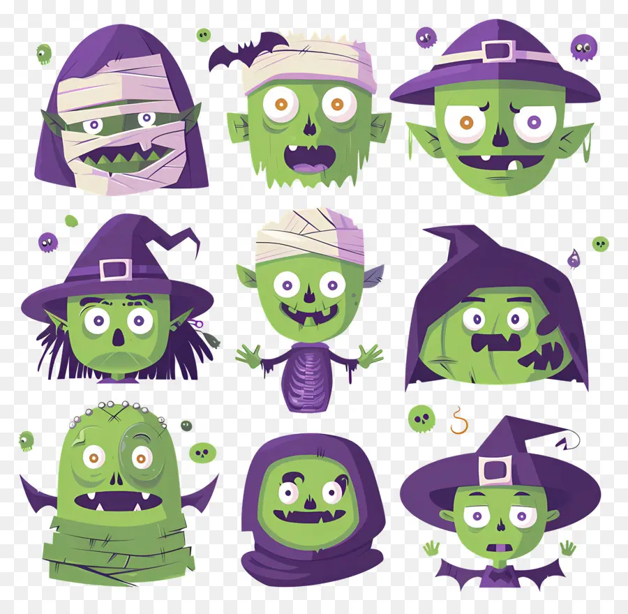 Personnages D'halloween，Visages De Monstres Verts PNG