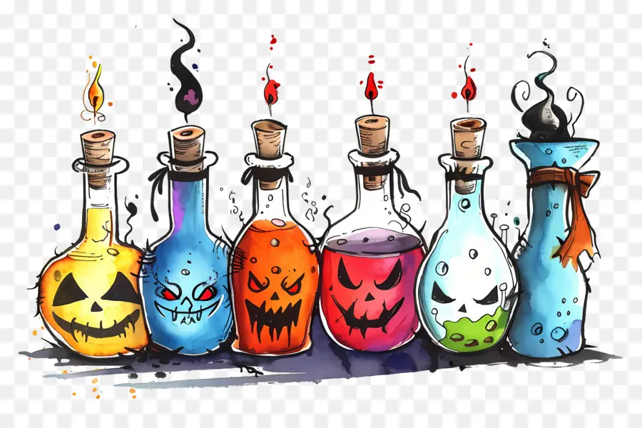 Frontière D'halloween，Bouteilles De Potions Colorées PNG