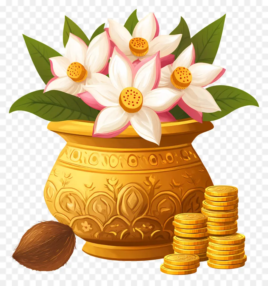 Akshaya Tritiya，Pot Doré Avec Des Fleurs PNG