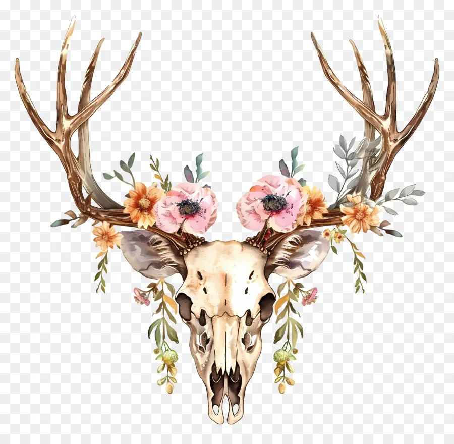 Crâne De Cerf，Cerf Avec Des Fleurs PNG