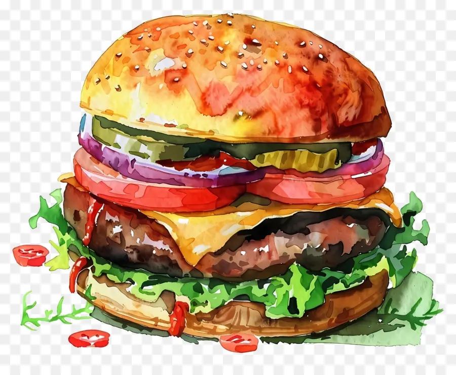 Burger Aquarelle，Hamburger PNG