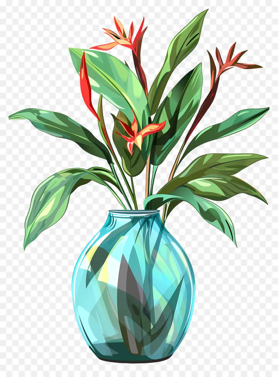 Fleurs Dans Un Vase，Vase En Verre Avec Feuilles Tropicales PNG