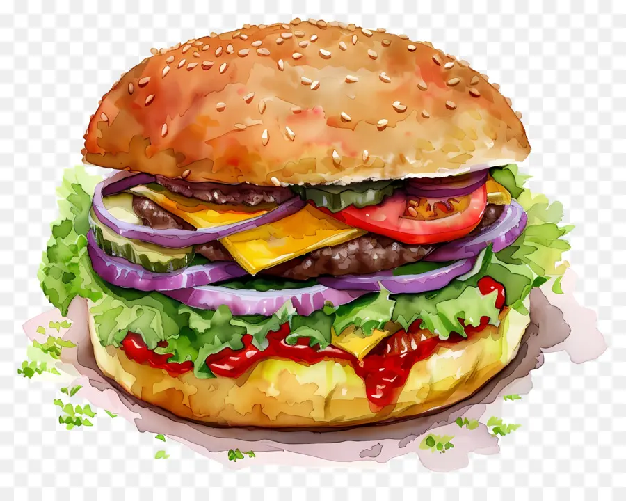 Burger Aquarelle，Cheeseburger PNG