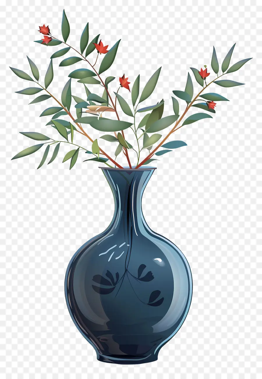 Fleurs Dans Un Vase，Vase Bleu Avec Feuilles PNG