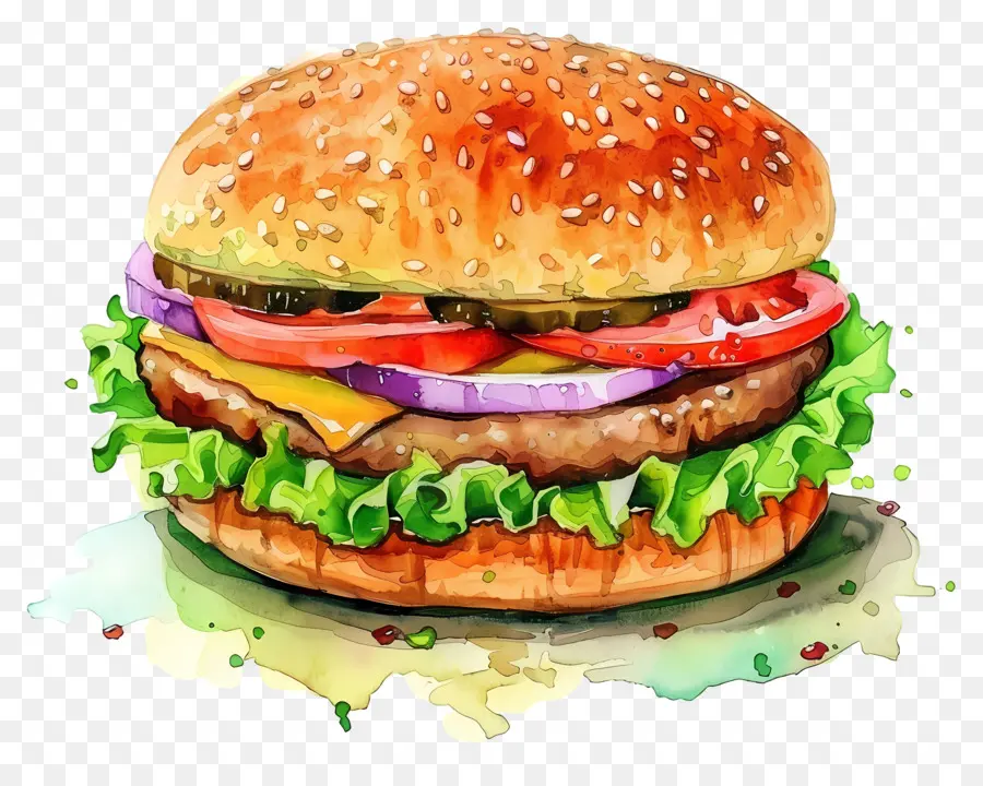 Burger Aquarelle，Cheeseburger PNG