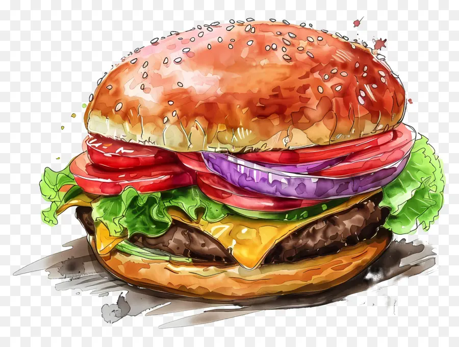 Burger Aquarelle，Cheeseburger PNG