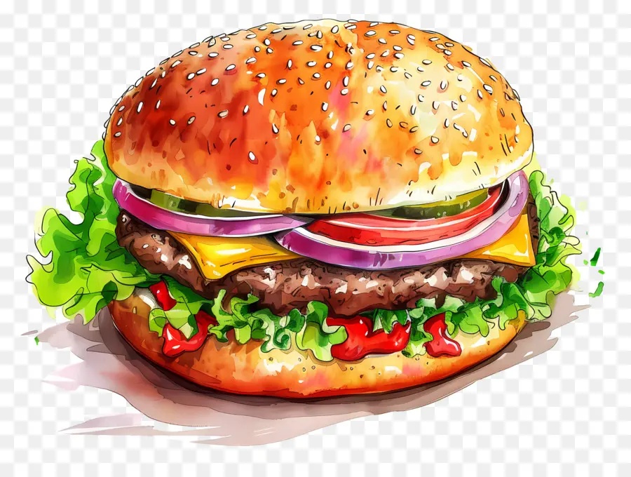 Burger Aquarelle，Cheeseburger PNG