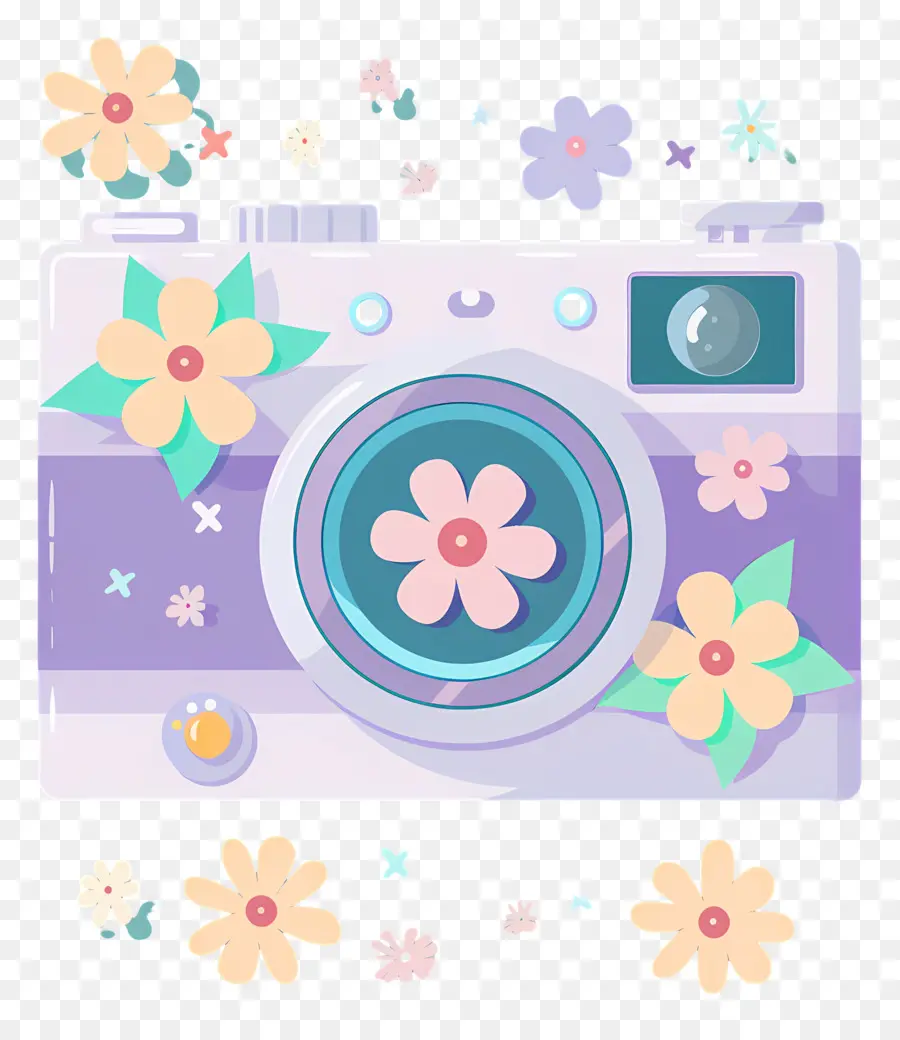 Caméra De Dessin Animé，Appareil Photo Avec Des Fleurs PNG