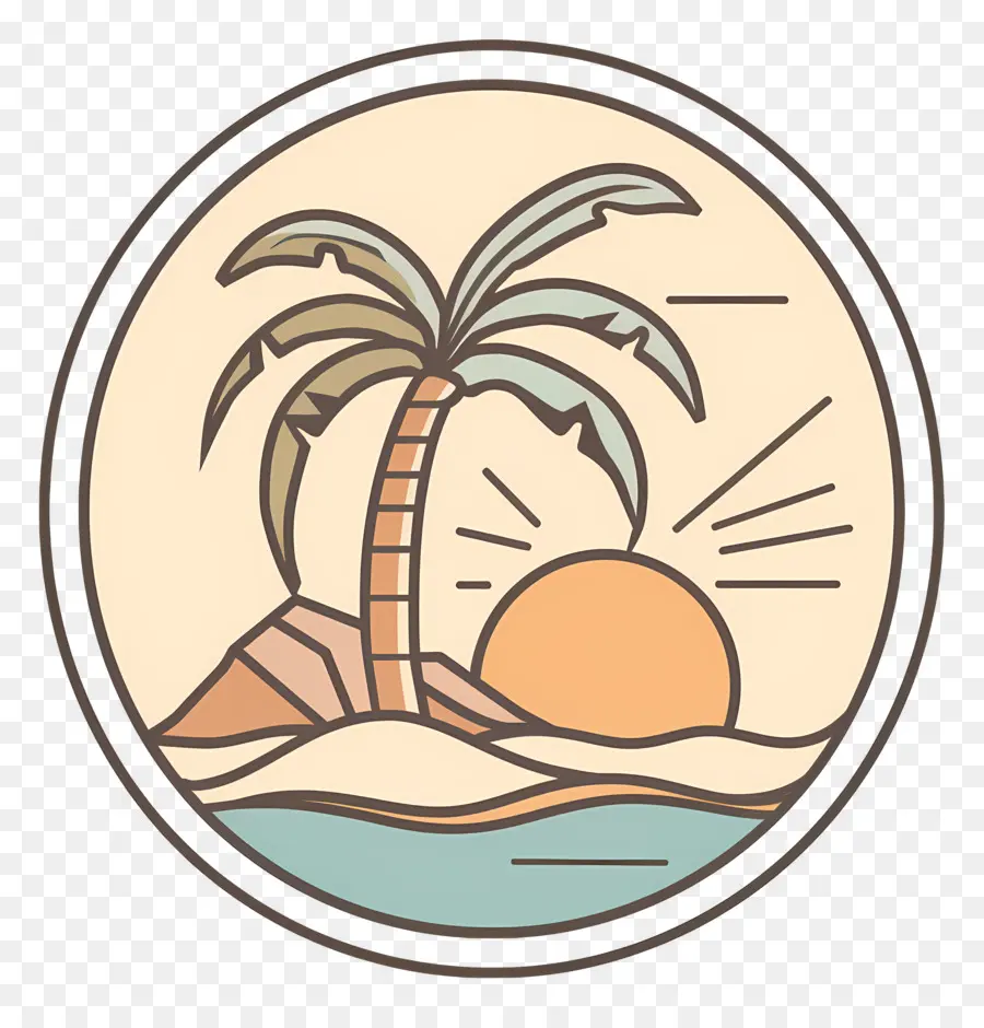 Logo De Plage，Coucher De Soleil Et Palmier PNG