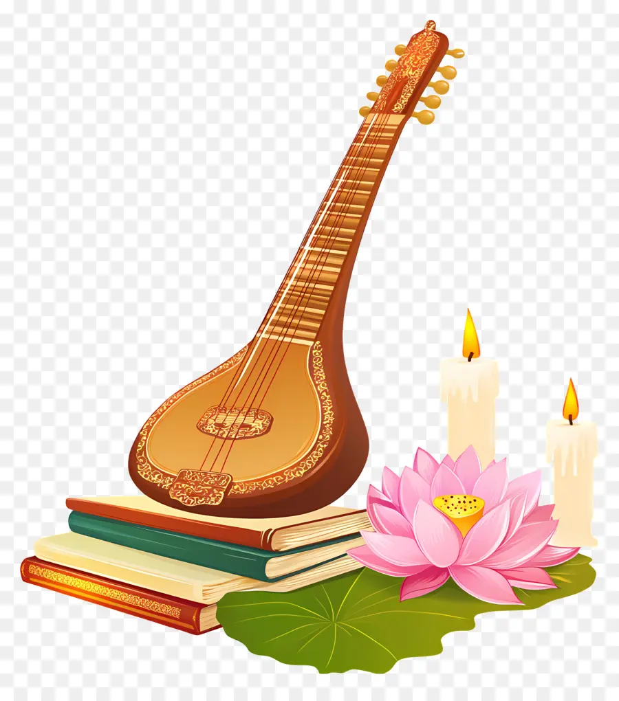 Saraswathi Puja，Guitare Et Lotus PNG