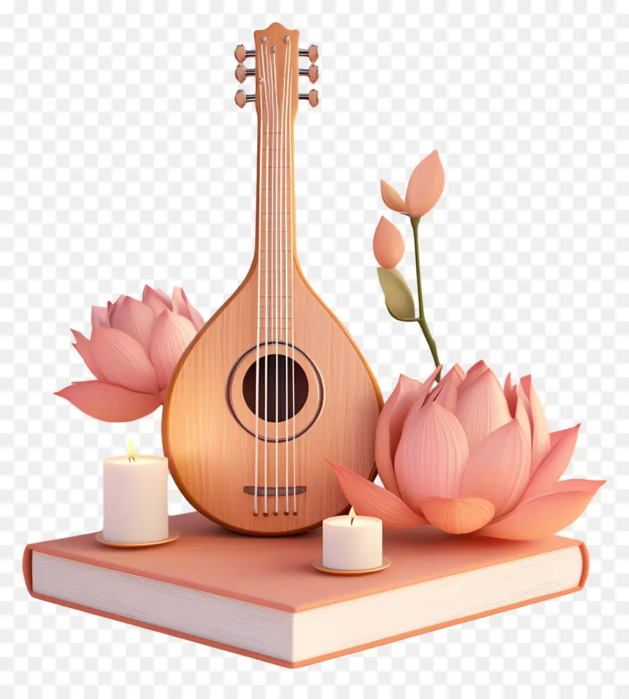 Saraswathi Puja，Mandoline Avec Des Fleurs PNG