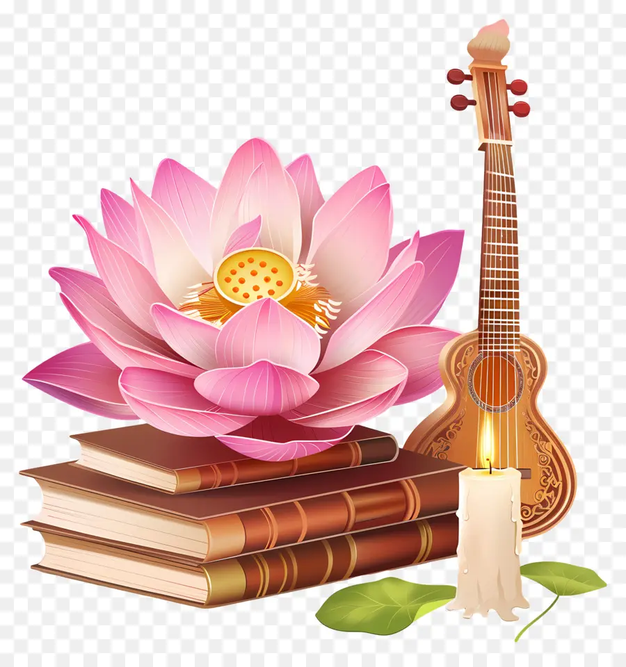 Saraswathi Puja，Guitare Et Lotus PNG