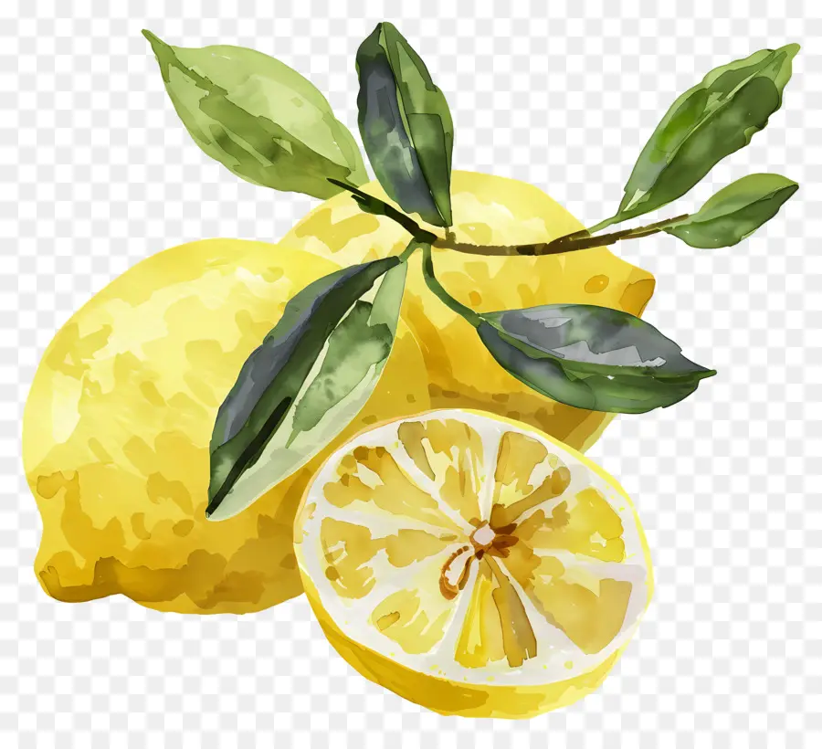 Aquarelle Citron，Citrons Avec Des Feuilles PNG