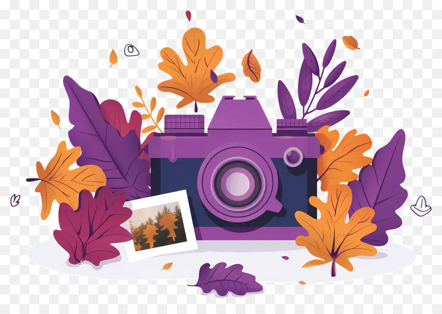 Caméra De Dessin Animé，Appareil Photo Violet Avec Des Feuilles PNG