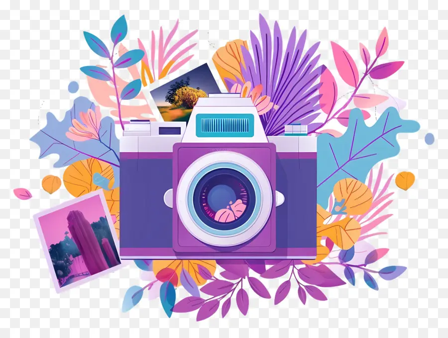 Caméra De Dessin Animé，Appareil Photo Avec Des Fleurs PNG