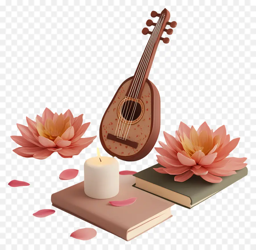 Saraswathi Puja，Mandoline Avec Des Fleurs PNG