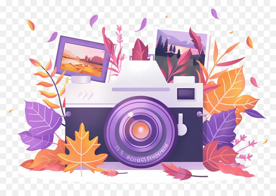 Caméra De Dessin Animé，Appareil Photo Violet Avec Des Feuilles PNG