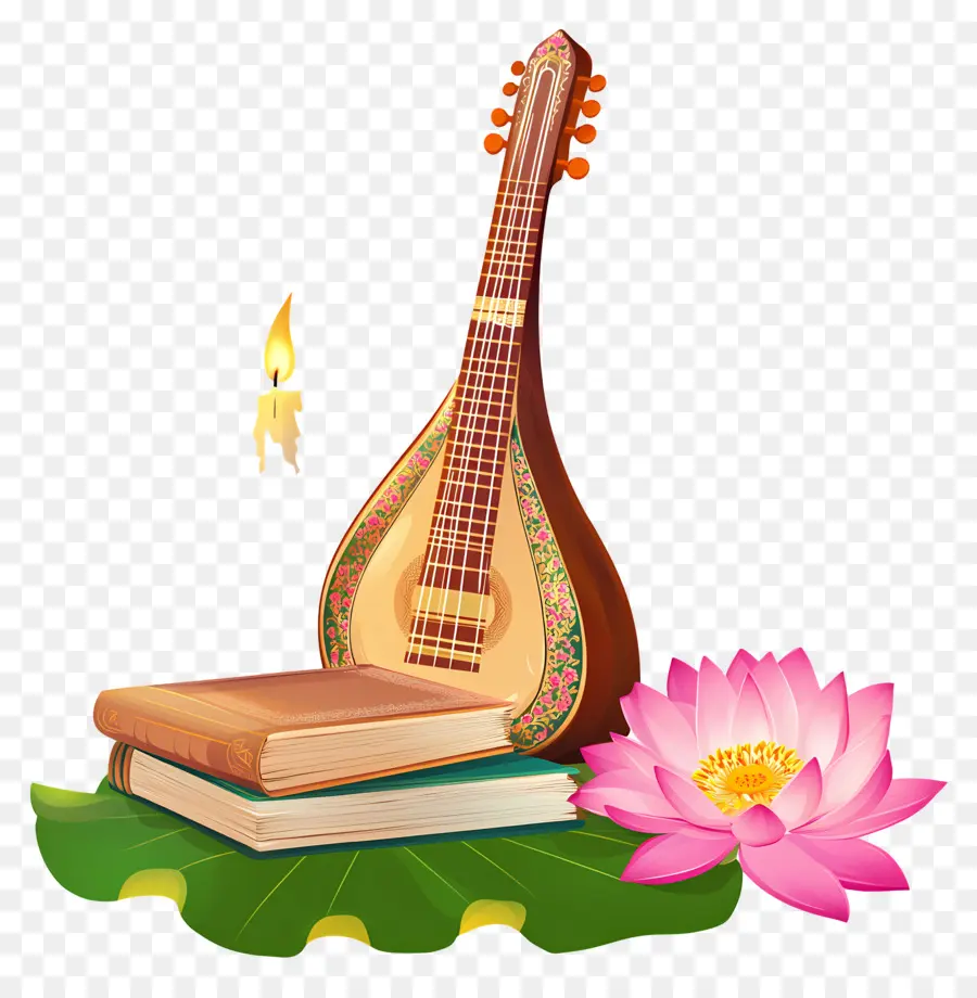 Saraswathi Puja，Mandoline Et Livres PNG