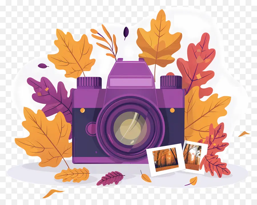 Caméra De Dessin Animé，Appareil Photo Violet Avec Des Feuilles PNG