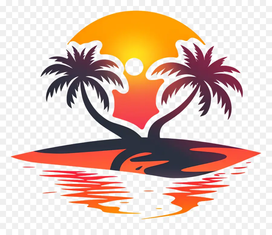 Logo De Plage，Île Au Coucher Du Soleil PNG